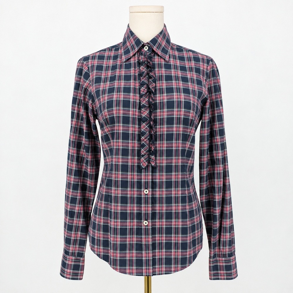 Brooks Brothers 346 Button Collar Shirt Women 6 Navy Pink Plaid Ruffle Western